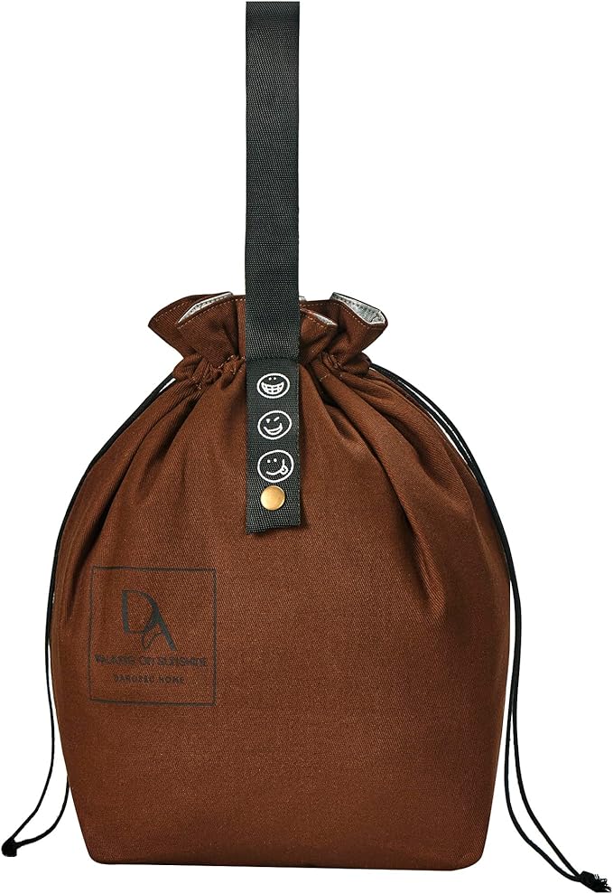 Reusable Drawstring Lunch Bag,Insulated Handbag Tote bag with Handle,Lunch Sackand Drawstring Closure for Women Work Picnic or Travel (Brown)