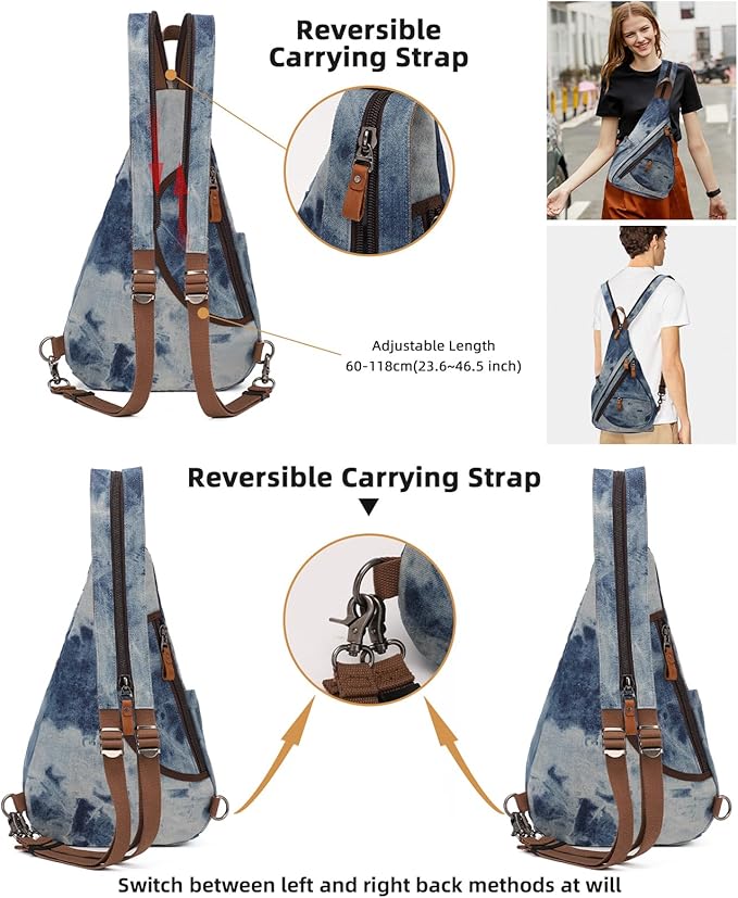 KL928 Canvas Sling Bag - Small Crossbody Backpack Shoulder Casual Daypack Rucksack for Men Women(Blue-white Washed)