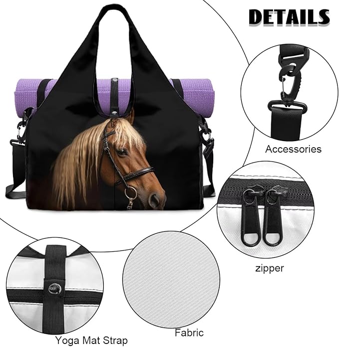 Horse Duffle Bag with Shoe Compartment for Men Sports Duffel Bag with Yoga Mats Holder Multiple Pockets Workout Bag with Adjustable Shoulder Strap Lightweight Bags for Gym Travel Weekender