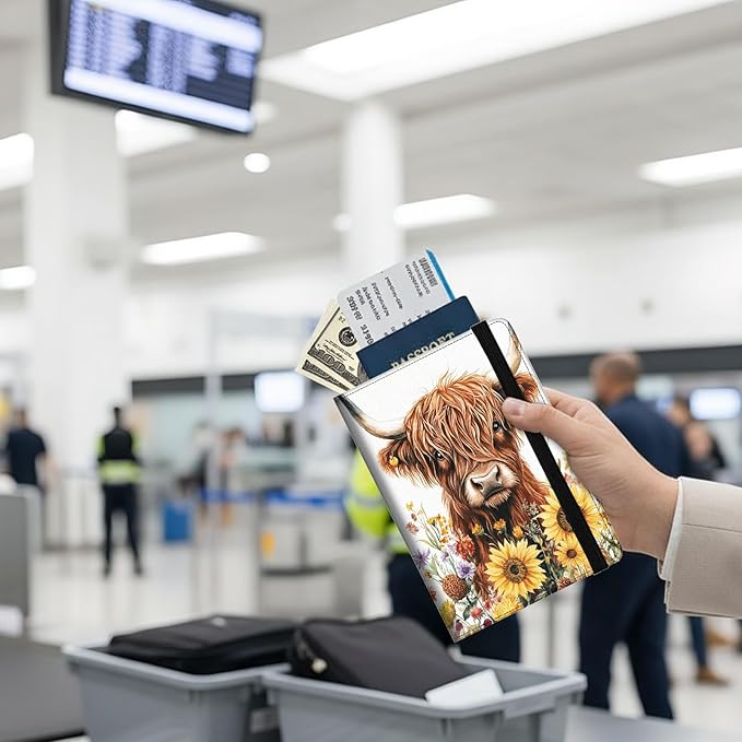 Passport Holder Wallet Cover Case,RFID Blocking Passport Cover,Large Capacity Travel Wallet with Multi Card Slots (Sunflower Highland Cattle)
