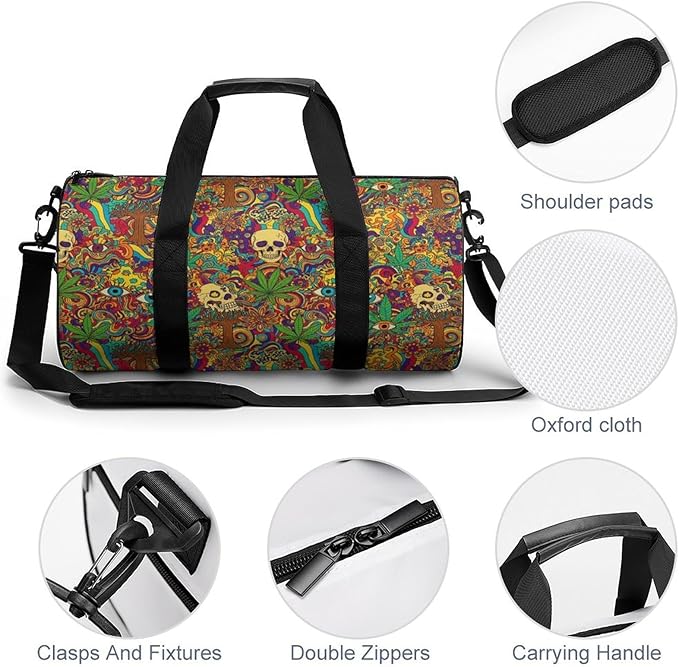 Lightweight Travel Sports Carry On Bag Colorful Skull Weedleaf Leaf Art Basketball Football Weekender Bag Sport Gym Fitness Tote