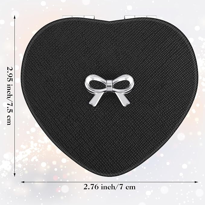 Compact Folding Heart Shaped Double-Sided 1X/2X Magnifying Mini Glitter Makeup Mirror with PU Leather for Women Home, Office and Travel (Silver)