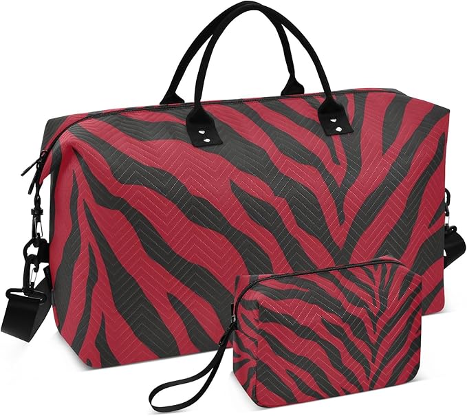 Travel Duffle Bag, Red Black Tiger Stripes Pattern Gym Bag with Storage Bag Weekender Overnight Bag for Men Women Trip Sports Yoga