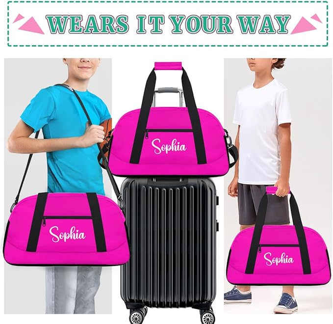 Personalize Kids Duffel Bag With Custom Name Text Carry-On Overnight Travel Gym Lightweight Dance Sports Bags For Boys Girls Kids/Black Pink
