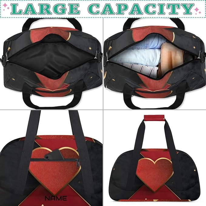 Custom Name Red Black Gym Travel Duffle Bag with Front Zipper Pocket Personalizedfor Sports Bag for Overnight, Weekender, Carry On,Workout & Dance, 18.9 * 8.7 * 10.6 in