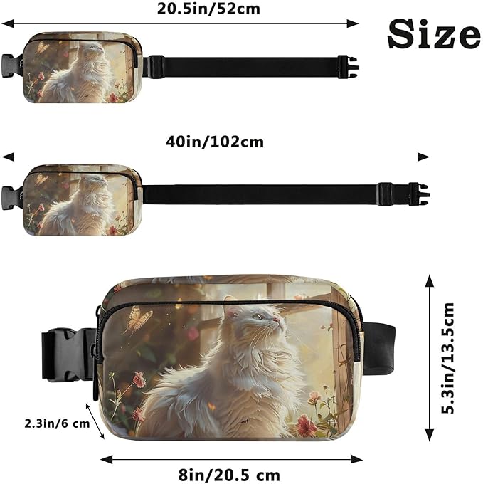White Cat Sits by Flower Window Fanny Pack for Women Men Water Resistant Fashion Waist Packs with Adjustable Strap Belt Bag for Travel Workout Jogging Hiking 21220536