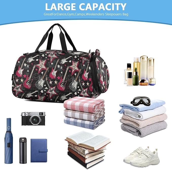 Punk Style Rock Guitar Star Balck Red Boy's Gym Duffel Bag with Shoes Compartment Multifunctional Kids Overnighter Duffel Bags for Travel, Swimming, Dance, Ballet bolsa para hombre