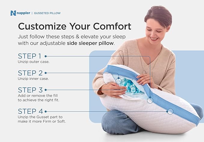 Side and Back Sleeper Pillow for Neck and Shoulder Pain Relief-Shredded Memory Foam Bed Pillow for Sleeping - 100% Adjustable Fill - Standard Size Set of 2 Washable Case. Extra Fill Included