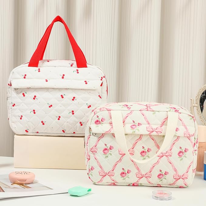 uekeboag Large Size Quilted Coquette Makeup Bag, Cute Preppy Floral Cotton Travel Cosmetic Organizer Bag with Top Handle, Multi-Layer Travel Toiletry Pouch for Girls (03Pink Bow)