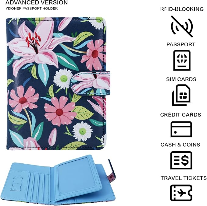 Passport Holder For Travel, RFID Blocking Passport Wallet, Passport Cover Secure & Front Pocket Money Holder For Men & Women, Travel Wallet, Lily With Daisy, Advanced Version