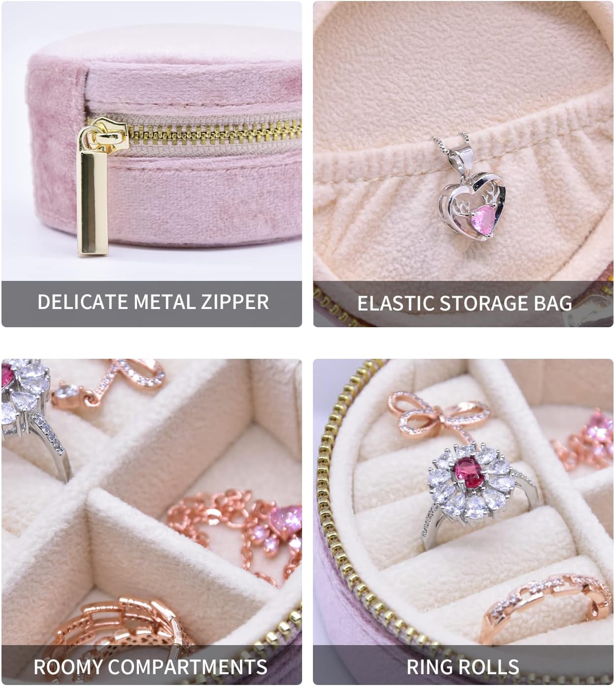 TAIMY Small Jewelry Travel Case, Round Mini Travel Jewelry Box for Women Girls, Portable Mini Jewelry Travel Organizer Boxes for Rings Earrings Necklaces Bracelets(Pink Lavender)