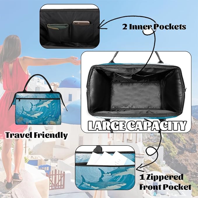 Shark Underwater Fish Travel Duffel Bag, Waterproof Sports Gym Duffle Bag, Large Capacity Weekender Carry On Overnight Bags for Women Men