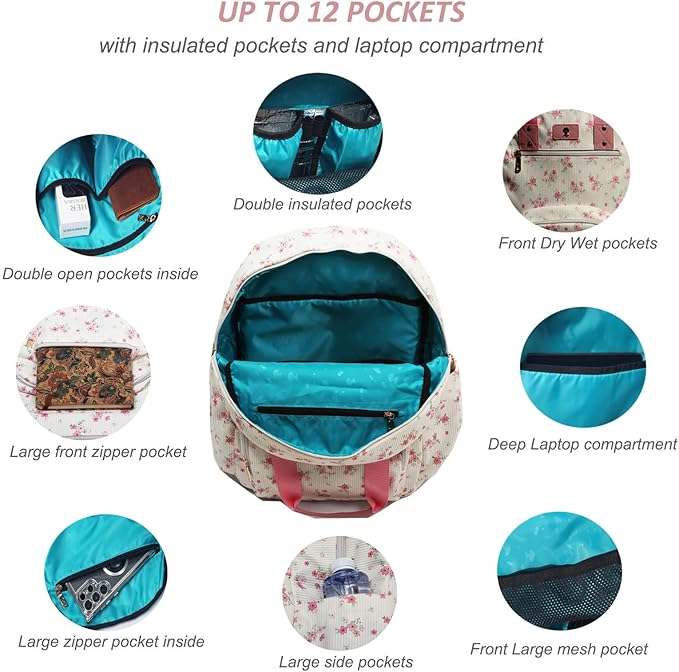 Diaper Bag Backpack, Large Capacity Multifunction Baby Essentials Fashion Travel Pack Linen Canvas office Laptop Bag (Corduroy Cute Flower)