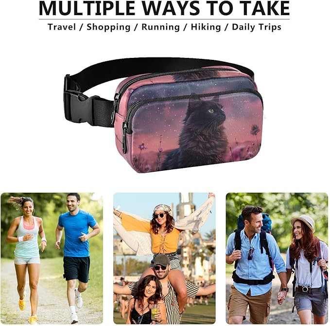 Black Cat Flower Fanny Pack for Women Men Water Resistant Fashion Waist Packs with Adjustable Strap Belt Bag for Travel Workout Jogging Hiking 21220533