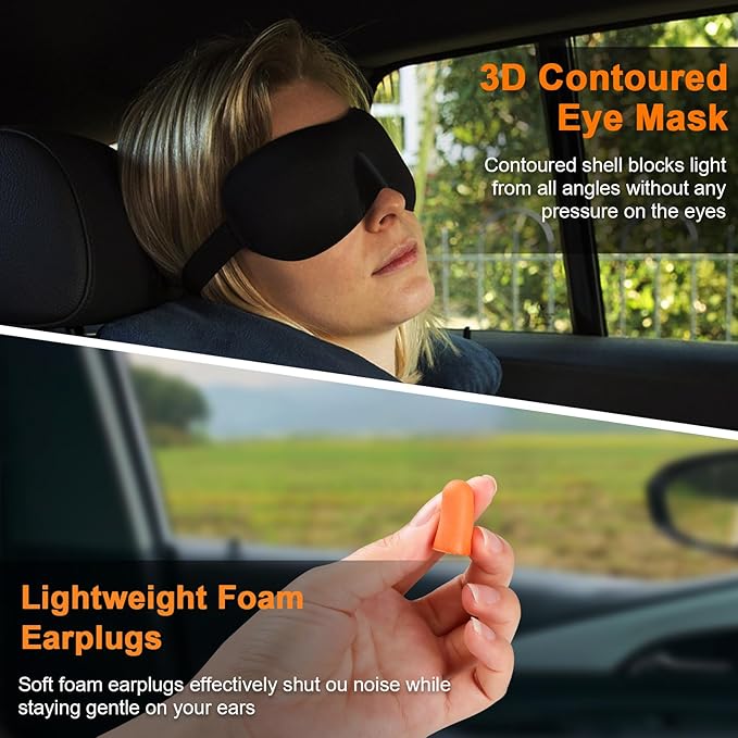 Travel Pillow - Hooded Neck Pillow Airplane Memory Foam Filling for Plane, Cars Sleeping, Road Trip, Long Flights, Portable Plane Accessories, Includes Eye Mask & Earplugs (Light Gray)