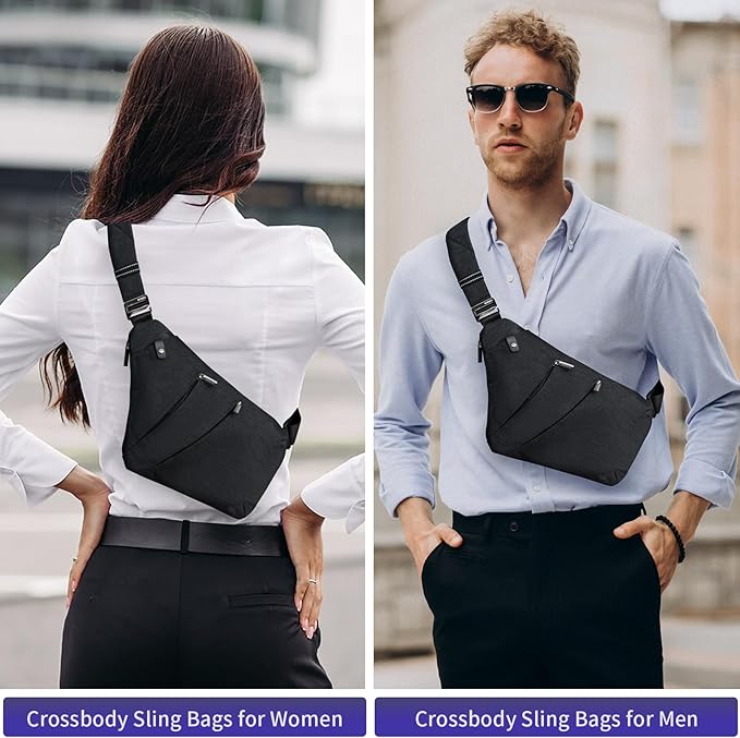 Crossbody Sling Bag, Water-Resistant Anti Theft Chest Pack, Minimalist Commuter Daypack for Travel Hiking Work, Black, SMALL | Asymmetric Design, Water-Repellent, Slim & Lightweight, Hidden Back Pocket, Adjustable Strap, Fits 9.7” iPad