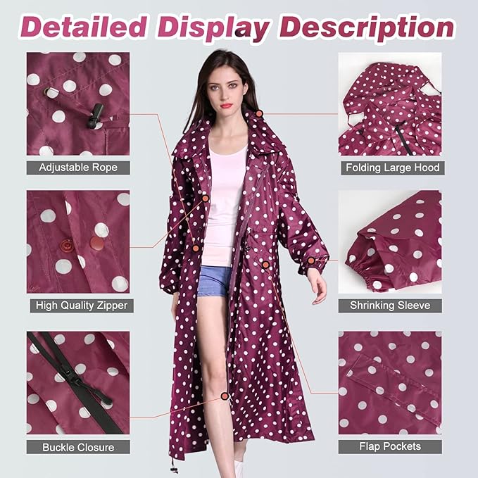 LAMA Womens Long Raincoats Rain Jacket Waterproof Packable Hooded Windbreaker Lightweight Adjustable Waist for Outdoor