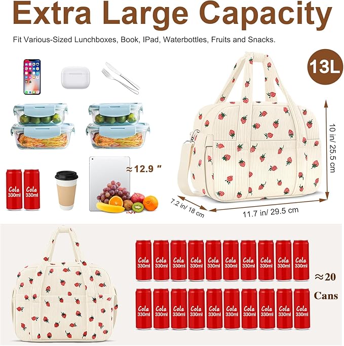 Corduroy Lunch Box Lunch Bag for Women Adults Men, Cute Strawberry Insulated Work Reusable Leakproof Simple Large Lunch Boxes Tote Bag Adults Cooler Bag, with Shoulder Strap