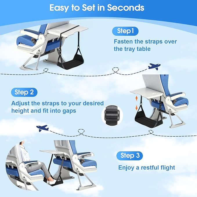 Airplane Foot Rest - Lightweight Foot Hammock for Plane Travel with Adjustable Strap & Thick Board, Tray Table Under Desk Footrest to Relax Feet, Travel Essentials for Long Flights(Black)
