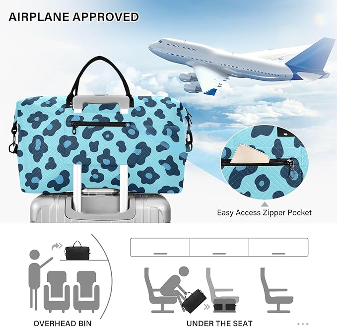 Travel Duffle Bag, Leopard Blue Pattern Gym Bag with Storage Bag Weekender Overnight Bag for Men Women Trip Sports Yoga