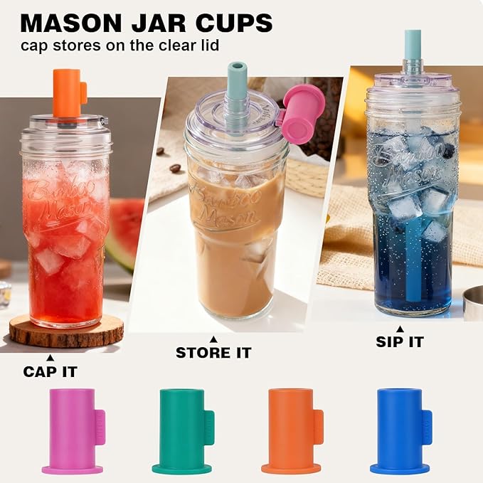 ANOTION 2pc Glass Tumbler with Lids and Straws, Leakproof 24oz Mason Jar Cups, Leak-Proof Cap, Self-Assembly Silicone Straw, Reusable Iced Coffee Smoothie Matcha Cup Aesthetic Coffee Gifts Women