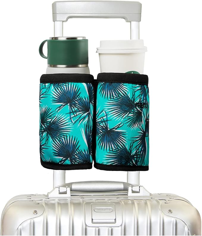 riemot Luggage Travel Cup Holder Free Hand Drink Carrier - Hold Two Coffee Mugs - Fits Roll on Suitcase Handles - Gifts for Flight Attendants Travelers Accessories Vacation Leaf