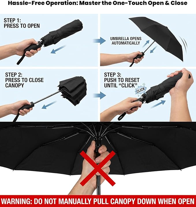 SIEPASA Compact Travel Umbrella - Windproof Auto Open/Close, Small Folding Umbrella for Rain - Lightweight & Durable with Fiberglass Frame, Waterproof Canopy - Fits Backpack, Purse, Suitcase. (Black)