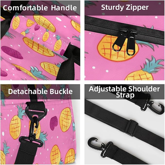 Duffle Bag for Women Men, Pink Pineapple Heart Gym Bag for Travel Sports, Lightweight Waterproof Weekender Overnight Bags with Adjustable Strap