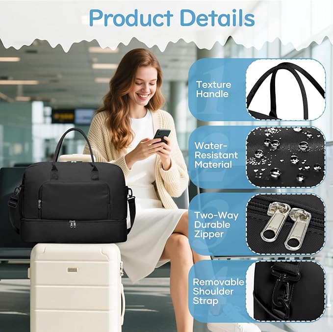 Travel Duffle Bag,Weekender Bags for Women with Shoe Compartment Personal Item Travel Bag Carry on Overnight Bags For Airplanes Gym Duffel Bag with Wet Pocket Hospital Bag for Labor and Delivery Black