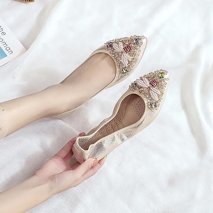 Women Ballet Flats Sparkly Rhinestone Wedding Ballerina Shoes Pointed Toe Foldable Comfort Slip on Flat Dress Shoes