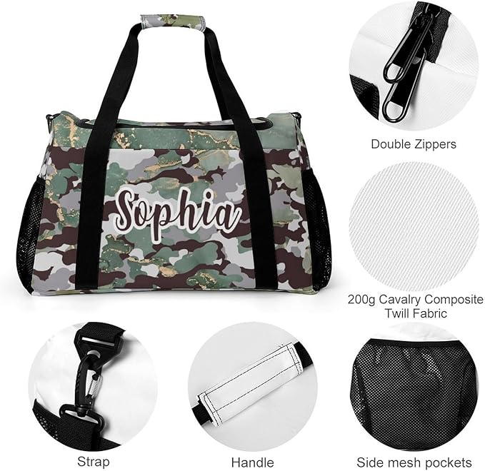 Personalized Green Camouflage Camo Pattern Duffle Bag with Name for Women Man Custom Multifunctional Travel Perform Training Bag Luggage Bag