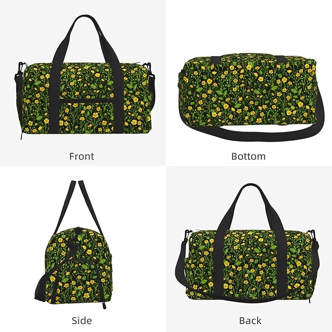 Buttercups On Black Women'S Gym Duffle Bag With Shoes Compartment, Ideal For Travel, Gym, Sports, Duffel, Weekender