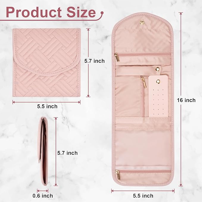 Travel Jewelry Roll Organizer Bag Foldable and Anti-Lost Jewelry Holder Storage for Rings, Necklaces, Bracelets, Earrings and Accessories, Small Pink