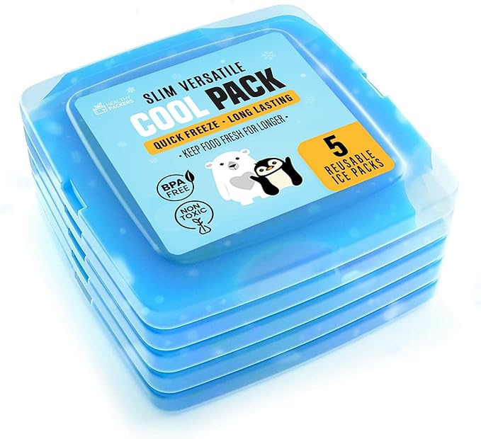 Healthy Packers® Slim Reusable Ice Packs for Lunch Boxes Kids and Adults | Long‑Lasting Thin Freezer Packs for Coolers, Bento Boxes, Lunch Bags, Travel, School Meals, and Meal Prep (5-Pack | Clear)