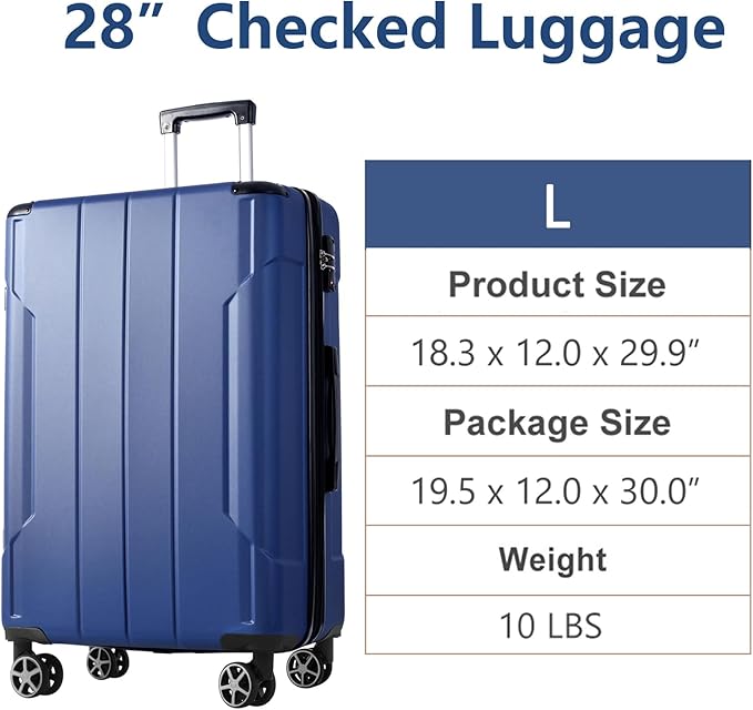 28 Inch Large Checked Luggage Hardside Suitcase with Spinner Wheels, Blue Lightweight Expandable Hard Shell ABS Suitcases with TSA Lock, Large Travel Luggage for Women, Men