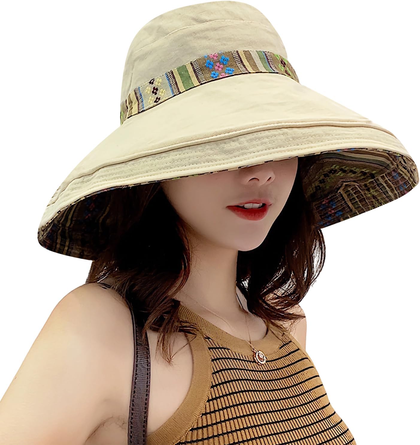 Women Wide Brim Sun Hats Metal Wired Edge Summer UV Protection Beach Fishing Hat for Hiking Garden Travel Chin Strap