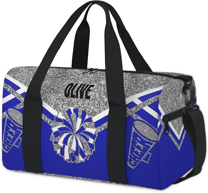 Personalized Cheerleading Dance Bag, Custom Small Sport Weekender Sleepover Travel Duffel Bag, Silver Grey Glittering with Navy Blue Cheer Theme