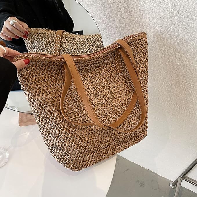 Large Straw Beach Bag for Womens, Straw Handbag Woven Tote Bag With Zipper Summer Shoulder Bag