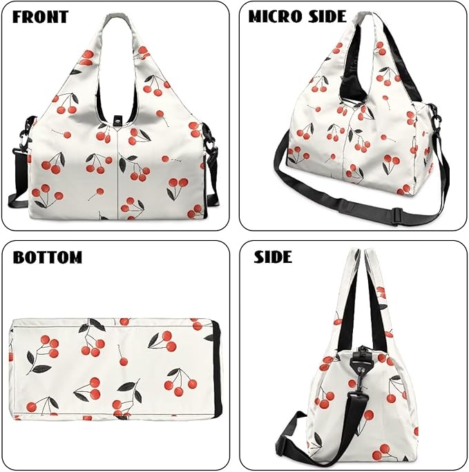 Waterproof Womens Duffle Bag with Pockets, Double Zipper, Cherry Gym Bag with Shoe Compartment, Overnight Bag with Yoga Mat Holder Gift for Anniversary
