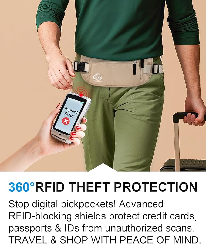 Hidden Money Belt for Travel, RFID Blocking, Sweat-Proof, Heavy-Duty Buckle, 3rd Gen Waist Wallet Anti Theft to Protect Cash, Credit Cards and Documents Under-Clothes for Men & Women, Beige