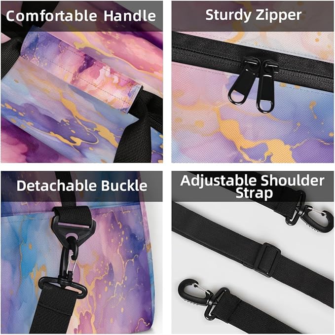 Duffle Bag for Women Men, Purple Blue Gold Marble Gym Bag for Travel Sports, Lightweight Waterproof Weekender Overnight Bags with Adjustable Strap