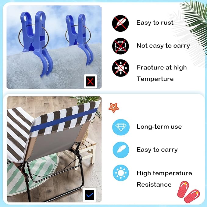 Towel Bands (6 Pack) - Stretch Beach Towel Clips for Beach Cruise Pool Chairs, Lounge Towel Holder Elastic, Cruise Ship Essentials (Blue & Sky Blue)