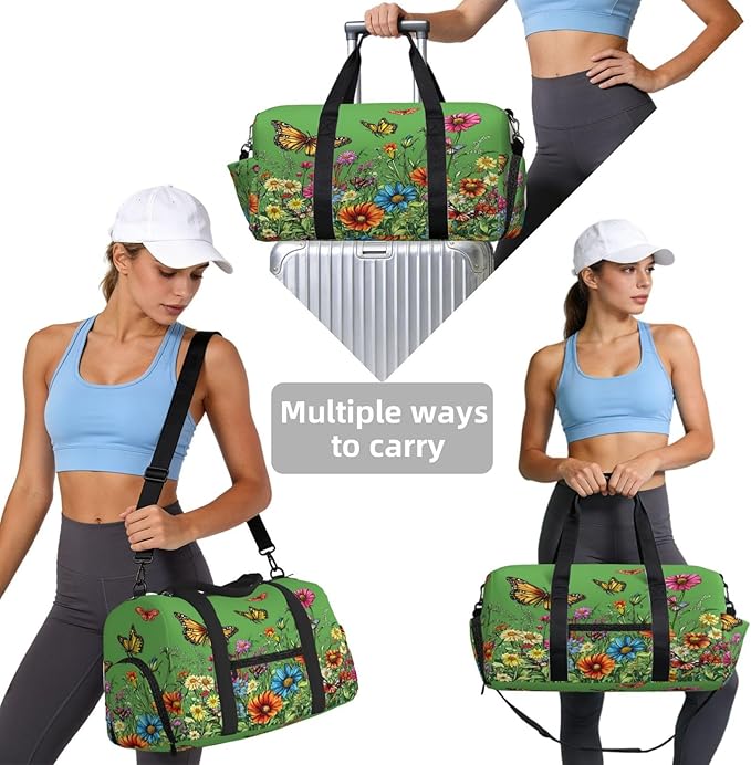 Sports Gym Bag Spring Wildflowers Butterfly Travel Duffel Bag With Shoe Compartment Shoulder Strap, Lightweight Water-Resistant Weekend Overnight Totes For Women Men