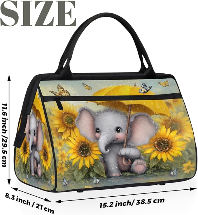 Cute Elephant Umbrella Sunflower Overnight Weekender Bags for Women Men, Waterproof Travel Carry On Duffel Bag, Lightweight Sports Gym Bag for Fitness, Workout, Travel
