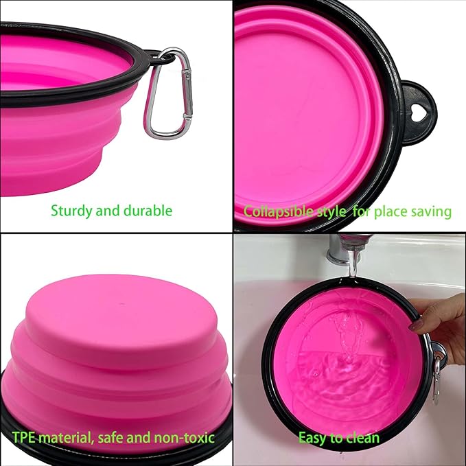Large Collapsible Dog Bowl 35oz, 2 Pack Collapsible Travel Dog Cat Water Bowl Portable Foldable Food Dishes with 2 Carabiners for Travel, Hiking, Camping, Walking (Purple+Pink, 1000ml)