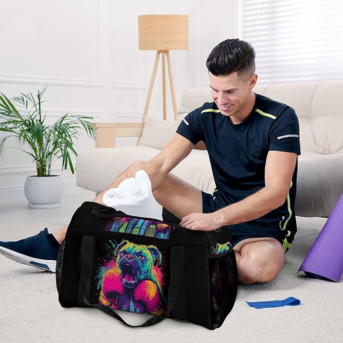 Boxer Dog Pop Boxing City Duffle Bag Gym Bag for Workout Travel Tote with Detachable Straps