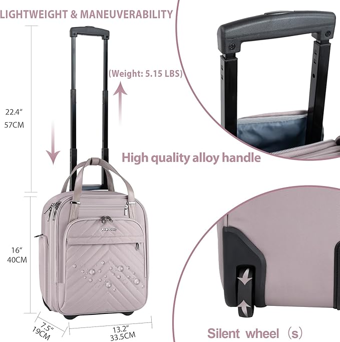 VANKEAN Carry On Underseat 16-inch Multi-functional Underseater Lightweight Overnight Suitcase with Wheels, Roller Case for Women Travel Business, Light Dusty Pink