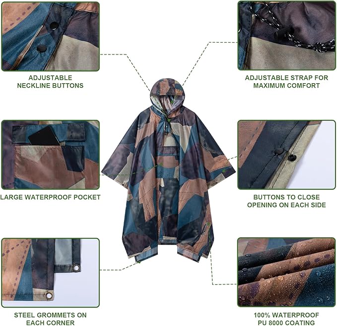 Hooded Rain Poncho for Adults - Waterproof Rain Coat and Lightweight Jacket 3-in-1 Multi-Function with Pockets
