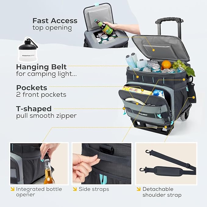 TOURIT 48 Can Collapsible Cooler with Wheels, Insulated Rolling Cooler with All-Terrain Cart, Waterproof Soft Sided Cooler Bag for Beach, Picnic, Camping, Shopping, Travel