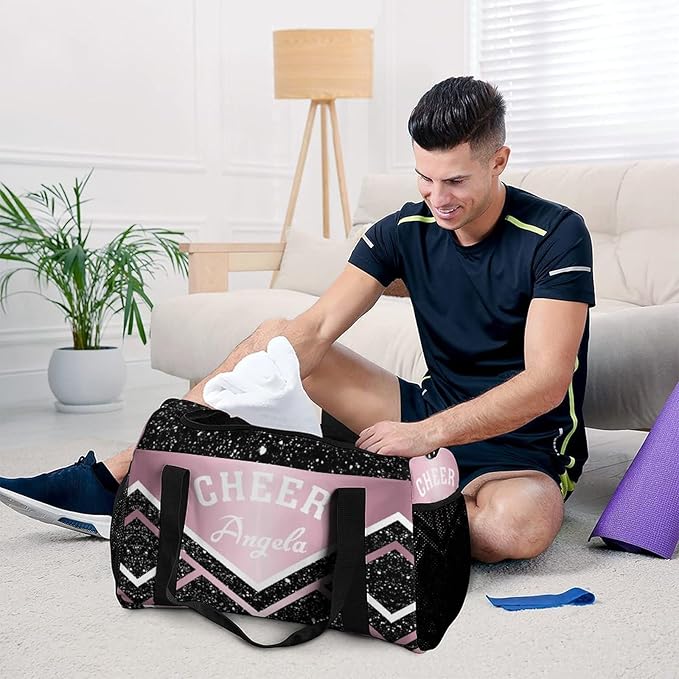 Personalized Name Sports Player Duffel Bags Pink Cheerleading Black Sparkle Print Travel Perform Training Casual Bag for Man Women Multifunctional Bags